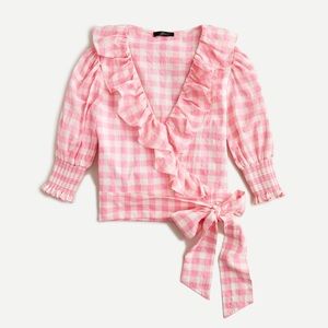 NWT J. Crew Pink Gingham Ruffle Puff Sleeve True Wrap Top, size XS